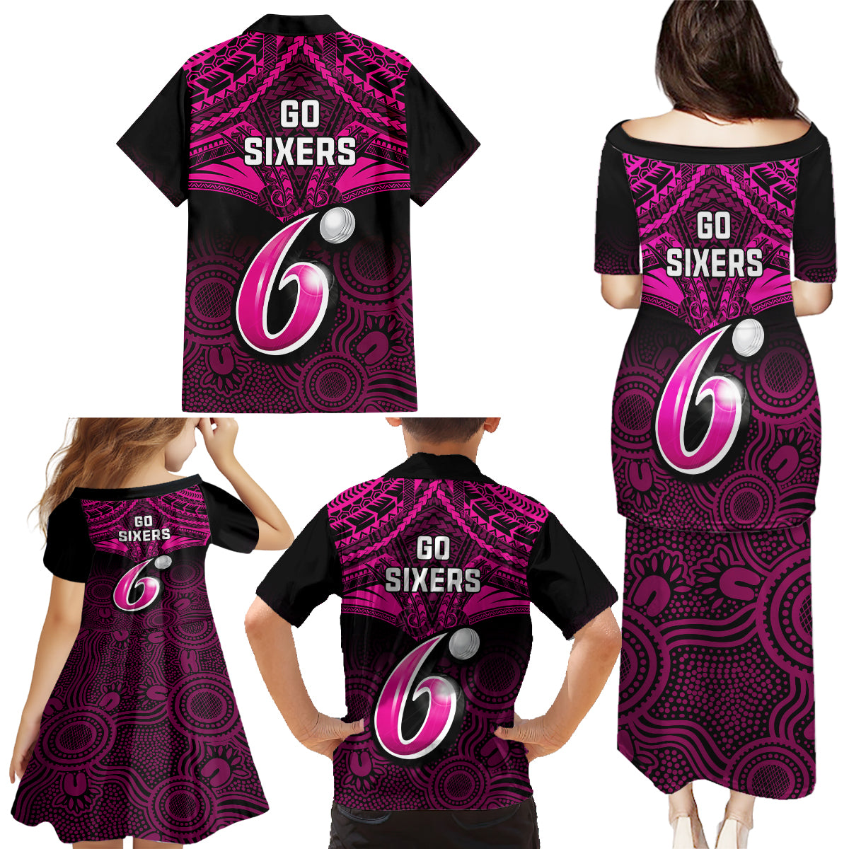 sydney-sixers-cricket-family-matching-puletasi-dress-and-hawaiian-shirt-2023-unique-indigenous-art-mix-polynesian-pattern