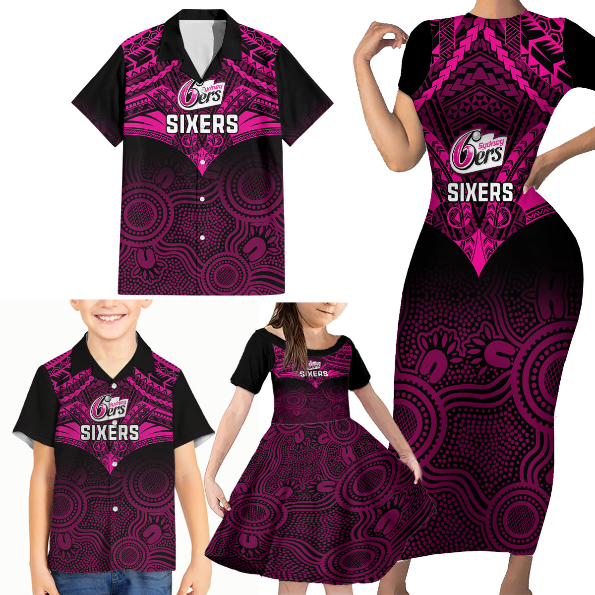 sydney-sixers-cricket-family-matching-short-sleeve-bodycon-dress-and-hawaiian-shirt-2023-unique-indigenous-art-mix-polynesian-pattern