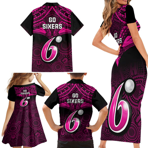 sydney-sixers-cricket-family-matching-short-sleeve-bodycon-dress-and-hawaiian-shirt-2023-unique-indigenous-art-mix-polynesian-pattern