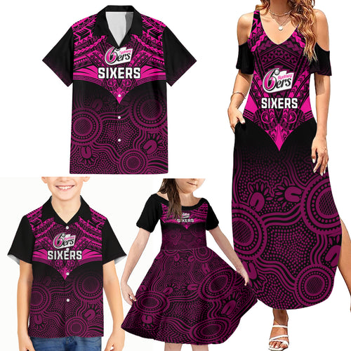 sydney-sixers-cricket-family-matching-summer-maxi-dress-and-hawaiian-shirt-2023-unique-indigenous-art-mix-polynesian-pattern