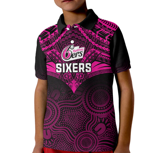 sydney-sixers-cricket-kid-polo-shirt-2023-unique-indigenous-art-mix-polynesian-pattern