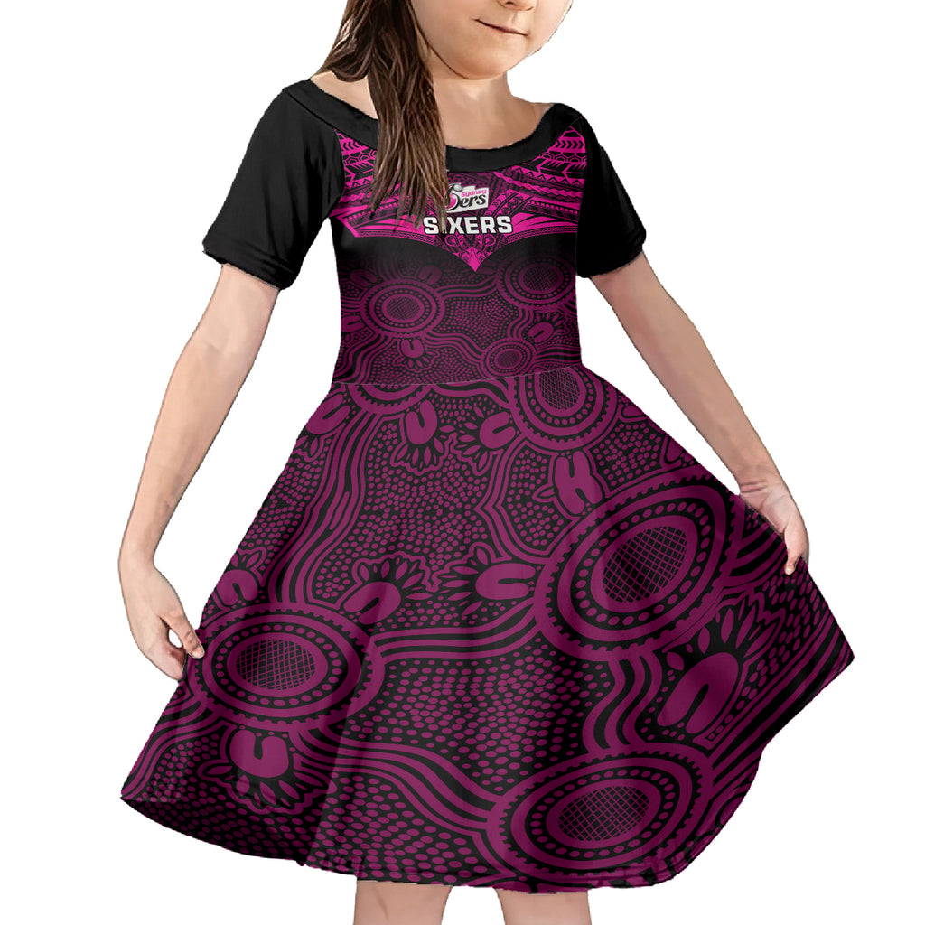 sydney-sixers-cricket-kid-short-sleeve-dress-2023-unique-indigenous-art-mix-polynesian-pattern