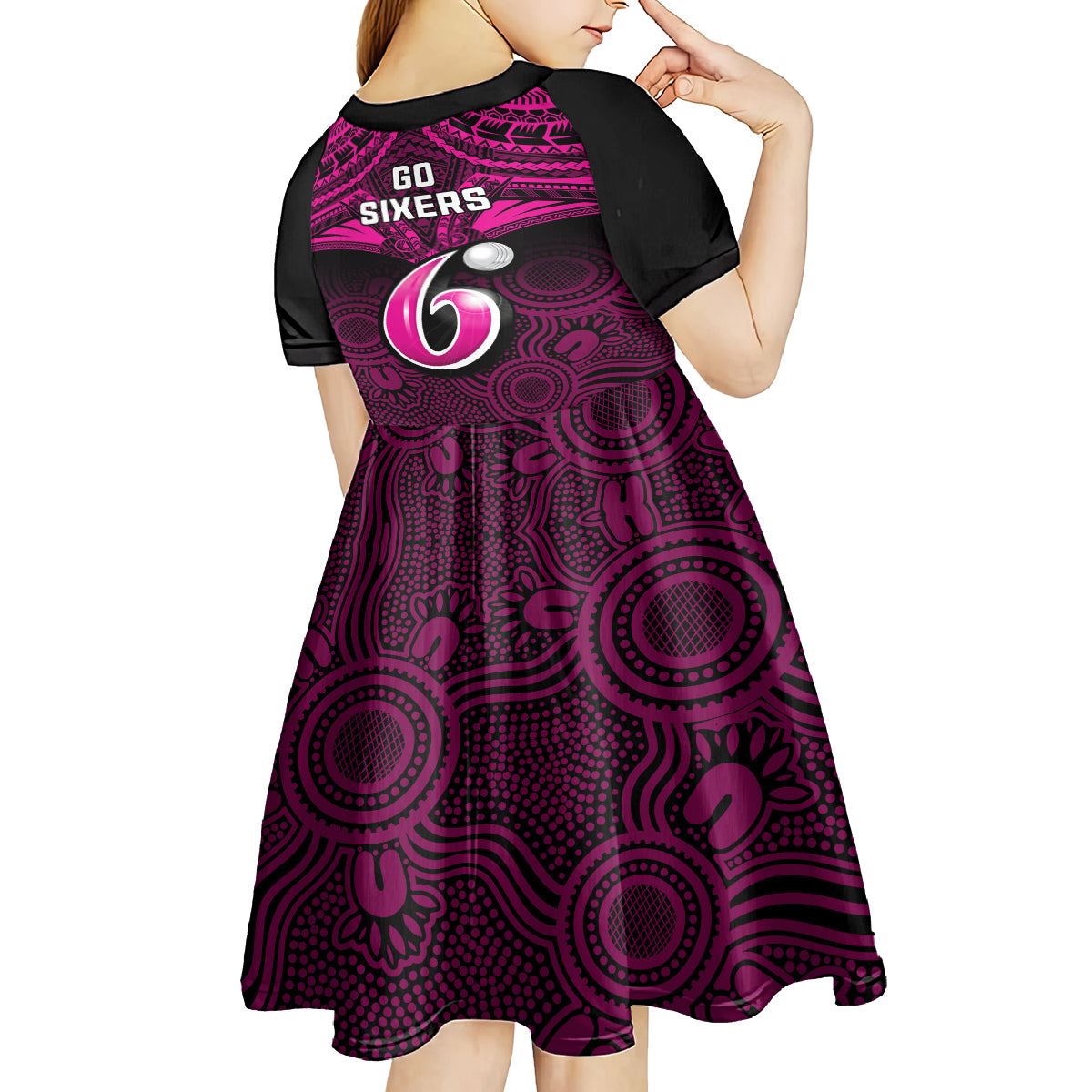 sydney-sixers-cricket-kid-short-sleeve-dress-2023-unique-indigenous-art-mix-polynesian-pattern