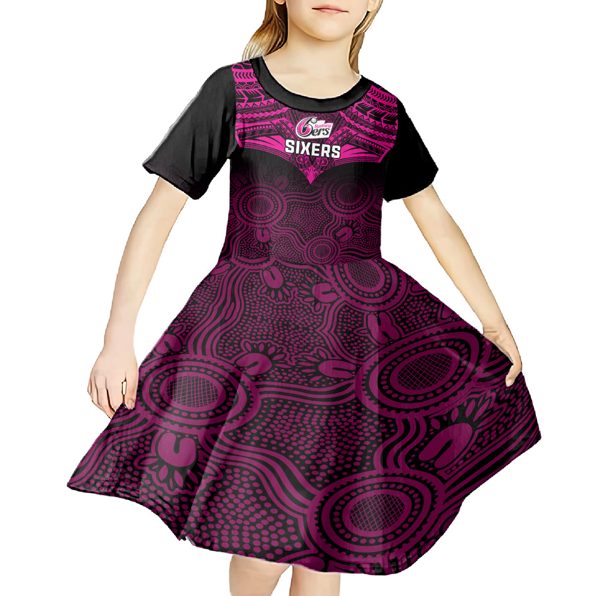 sydney-sixers-cricket-kid-short-sleeve-dress-2023-unique-indigenous-art-mix-polynesian-pattern