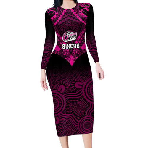 sydney-sixers-cricket-long-sleeve-bodycon-dress-2023-unique-indigenous-art-mix-polynesian-pattern