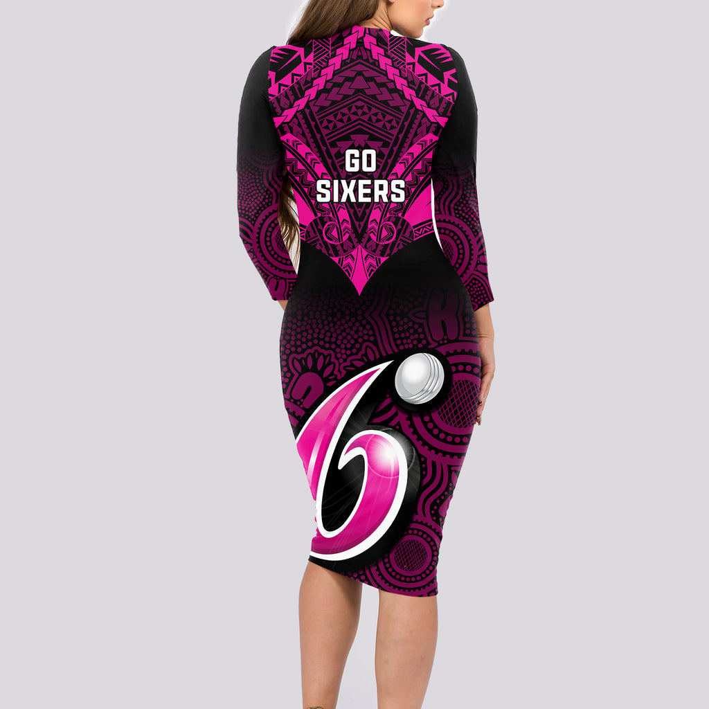 sydney-sixers-cricket-long-sleeve-bodycon-dress-2023-unique-indigenous-art-mix-polynesian-pattern