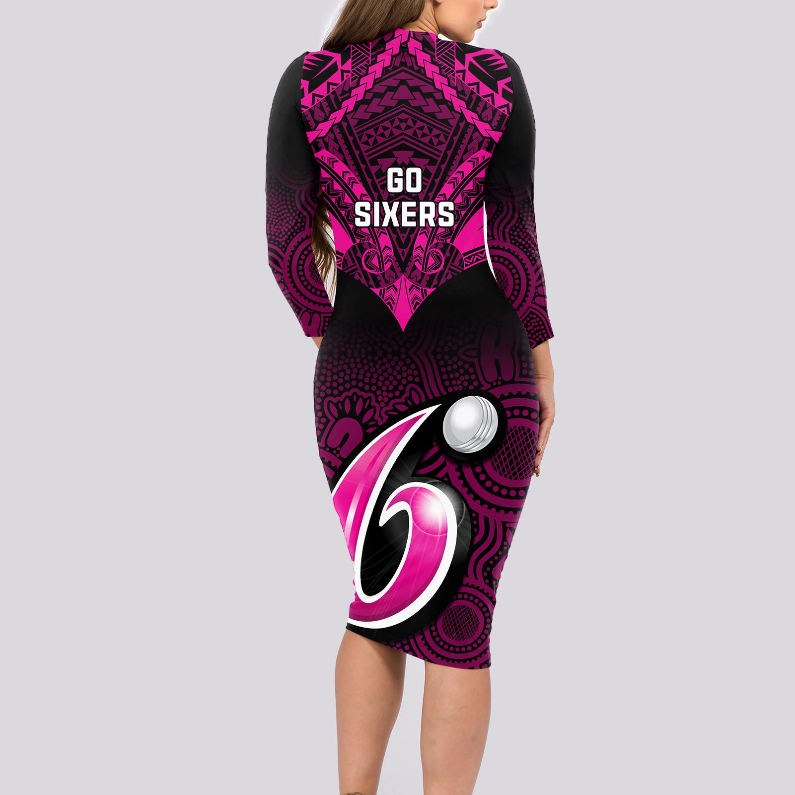 sydney-sixers-cricket-long-sleeve-bodycon-dress-2023-unique-indigenous-art-mix-polynesian-pattern