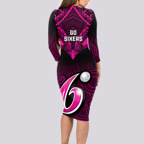 sydney-sixers-cricket-long-sleeve-bodycon-dress-2023-unique-indigenous-art-mix-polynesian-pattern