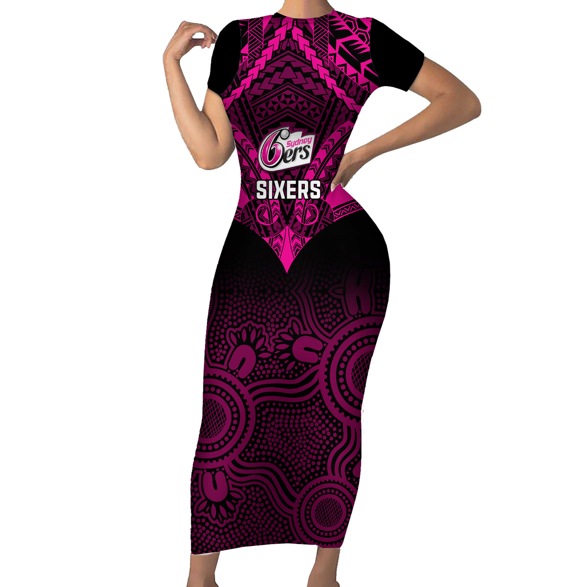 sydney-sixers-cricket-short-sleeve-bodycon-dress-2023-unique-indigenous-art-mix-polynesian-pattern