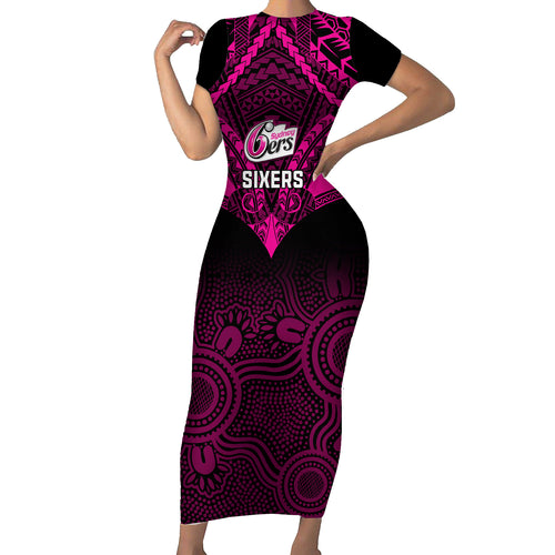 sydney-sixers-cricket-short-sleeve-bodycon-dress-2023-unique-indigenous-art-mix-polynesian-pattern