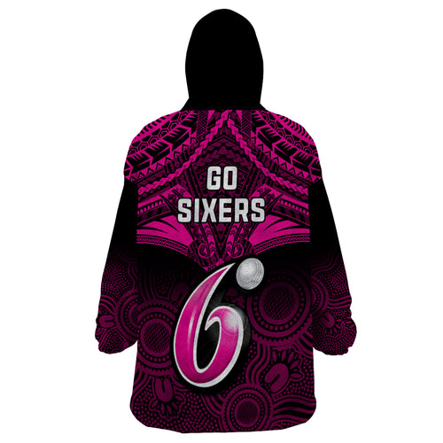sydney-sixers-cricket-wearable-blanket-hoodie-2023-unique-indigenous-art-mix-polynesian-pattern