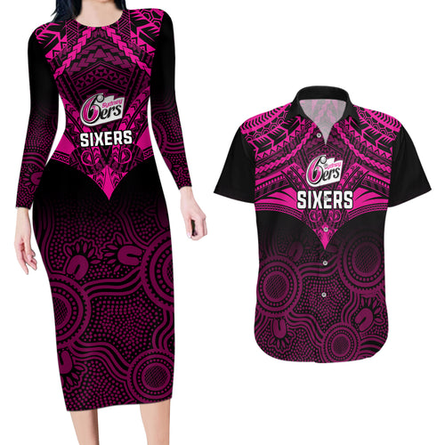 custom-sydney-sixers-cricket-couples-matching-long-sleeve-bodycon-dress-and-hawaiian-shirt-2023-unique-indigenous-art-mix-polynesian-pattern