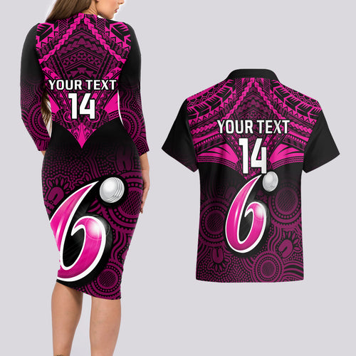 custom-sydney-sixers-cricket-couples-matching-long-sleeve-bodycon-dress-and-hawaiian-shirt-2023-unique-indigenous-art-mix-polynesian-pattern