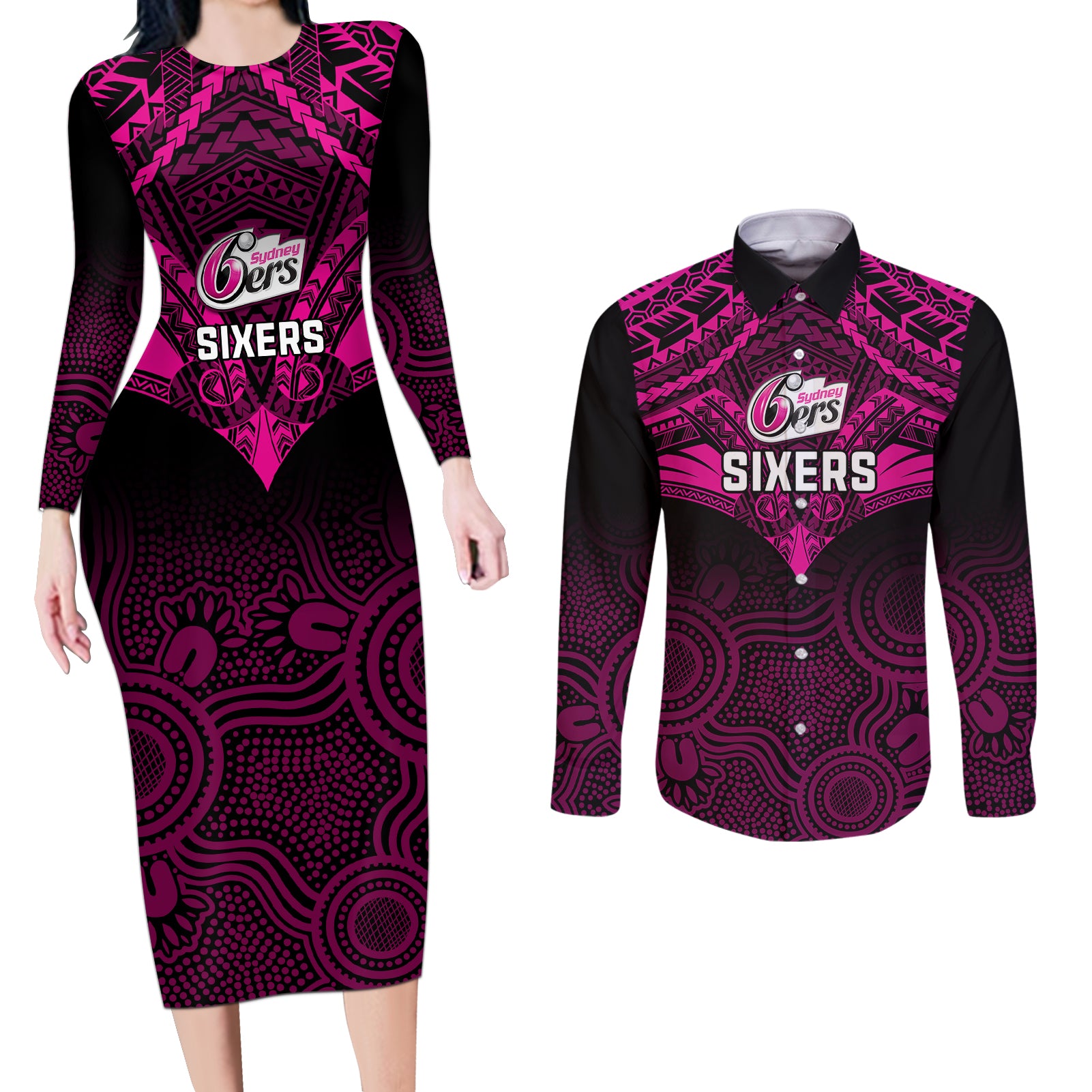 custom-sydney-sixers-cricket-couples-matching-long-sleeve-bodycon-dress-and-long-sleeve-button-shirts-2023-unique-indigenous-art-mix-polynesian-pattern