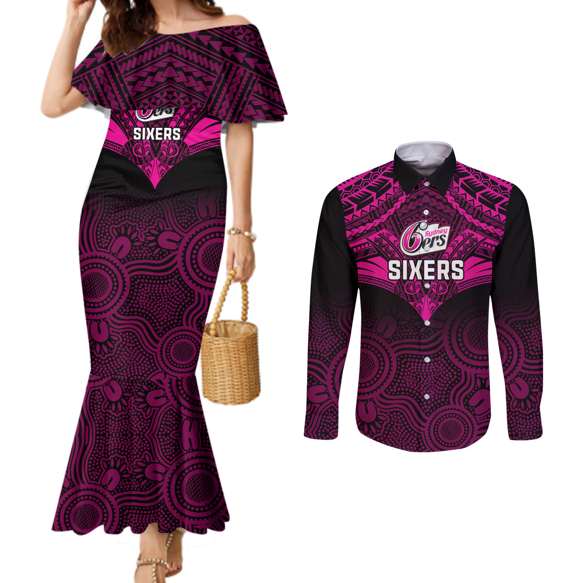 custom-sydney-sixers-cricket-couples-matching-mermaid-dress-and-long-sleeve-button-shirts-2023-unique-indigenous-art-mix-polynesian-pattern