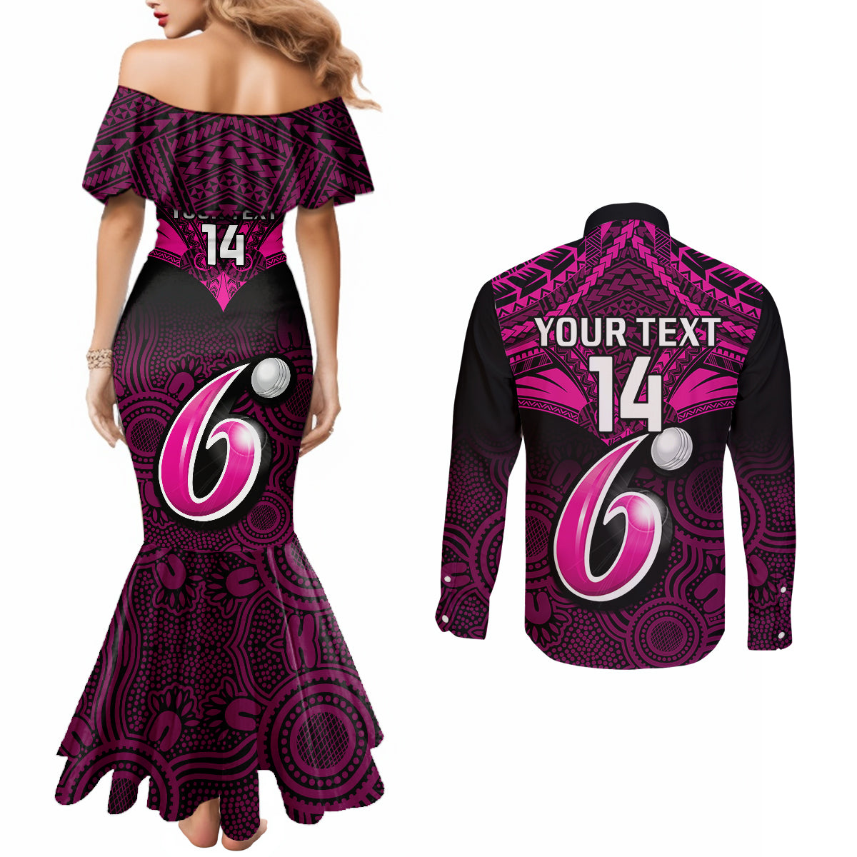 custom-sydney-sixers-cricket-couples-matching-mermaid-dress-and-long-sleeve-button-shirts-2023-unique-indigenous-art-mix-polynesian-pattern