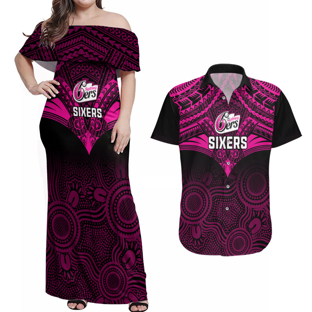 custom-sydney-sixers-cricket-couples-matching-off-shoulder-maxi-dress-and-hawaiian-shirt-2023-unique-indigenous-art-mix-polynesian-pattern