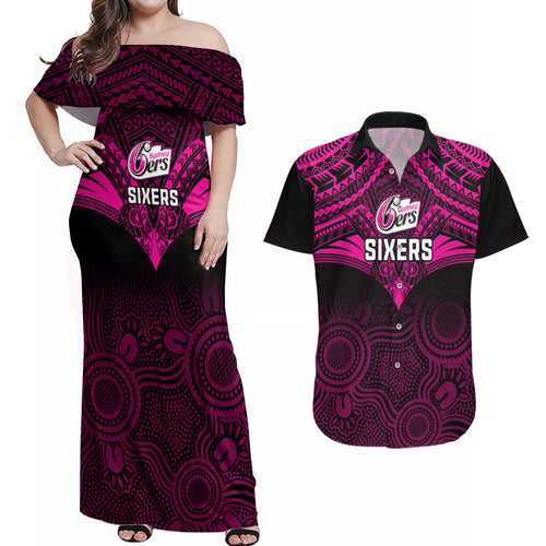custom-sydney-sixers-cricket-couples-matching-off-shoulder-maxi-dress-and-hawaiian-shirt-2023-unique-indigenous-art-mix-polynesian-pattern