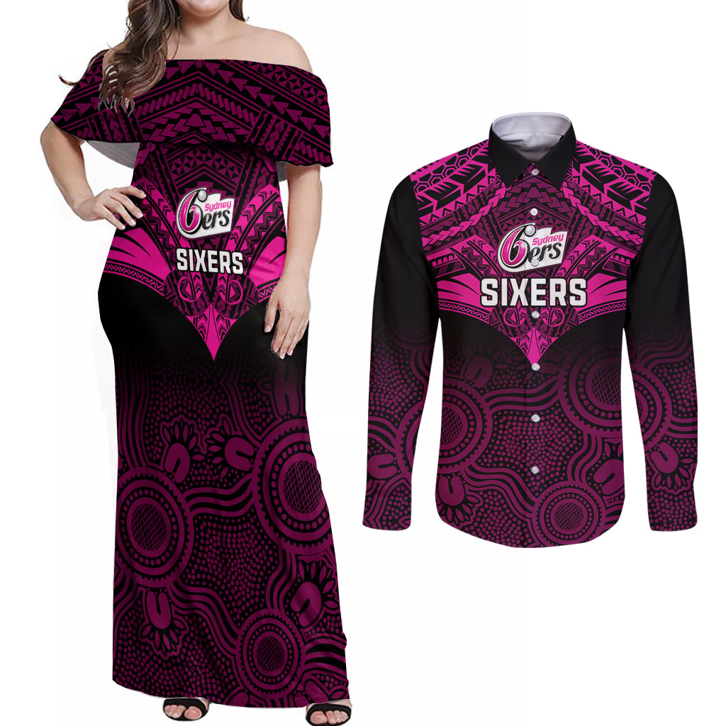 custom-sydney-sixers-cricket-couples-matching-off-shoulder-maxi-dress-and-long-sleeve-button-shirts-2023-unique-indigenous-art-mix-polynesian-pattern