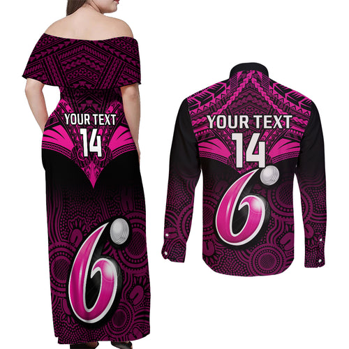 custom-sydney-sixers-cricket-couples-matching-off-shoulder-maxi-dress-and-long-sleeve-button-shirts-2023-unique-indigenous-art-mix-polynesian-pattern