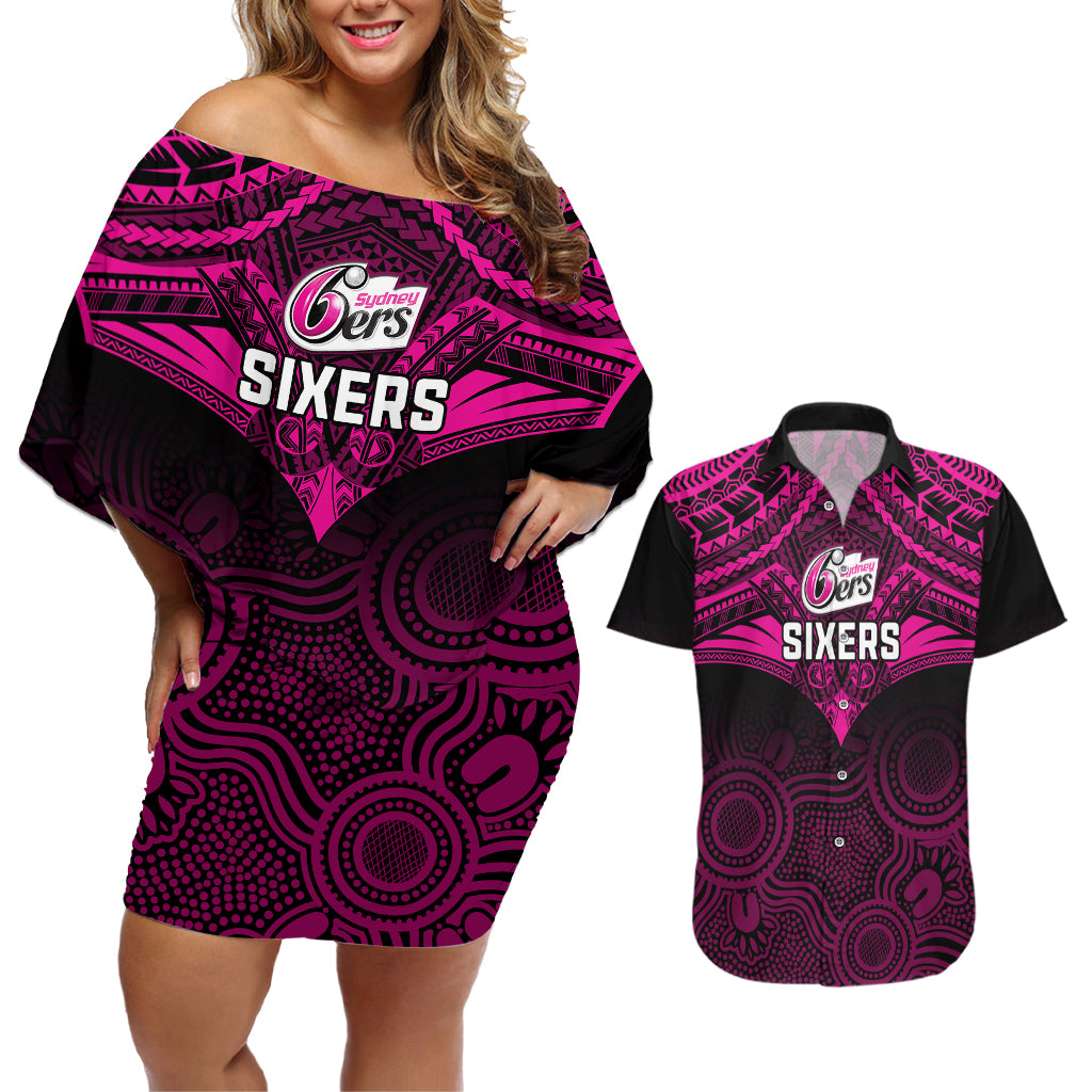 custom-sydney-sixers-cricket-couples-matching-off-shoulder-short-dress-and-hawaiian-shirt-2023-unique-indigenous-art-mix-polynesian-pattern