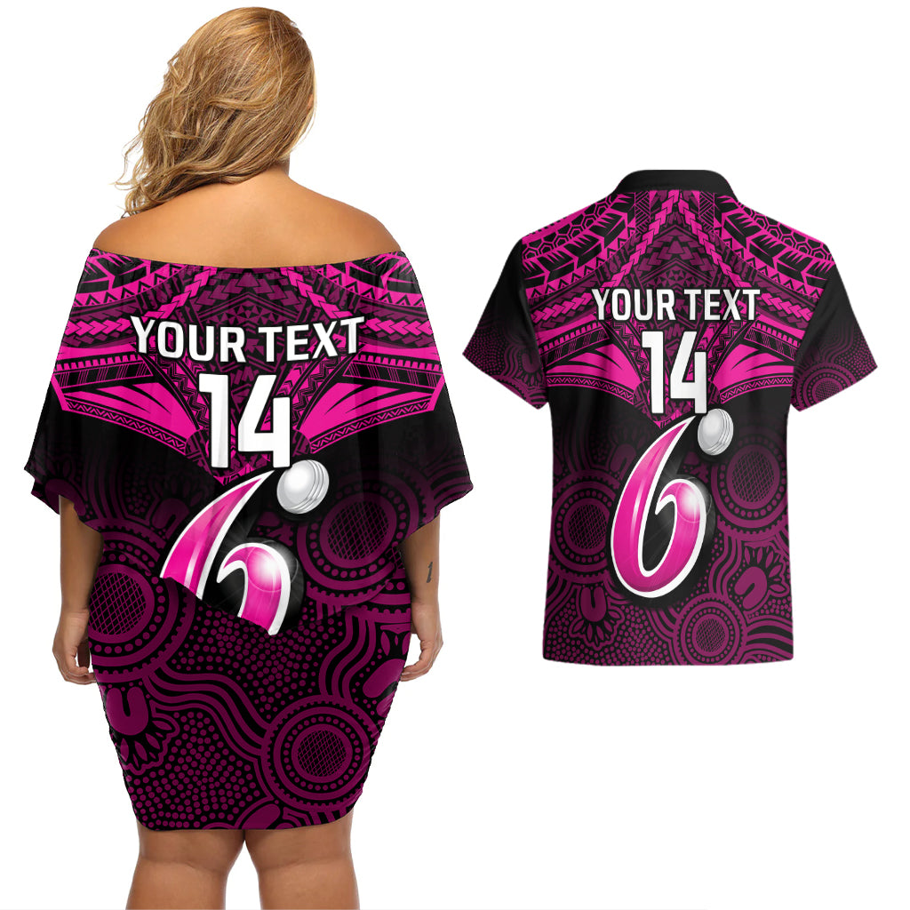 custom-sydney-sixers-cricket-couples-matching-off-shoulder-short-dress-and-hawaiian-shirt-2023-unique-indigenous-art-mix-polynesian-pattern