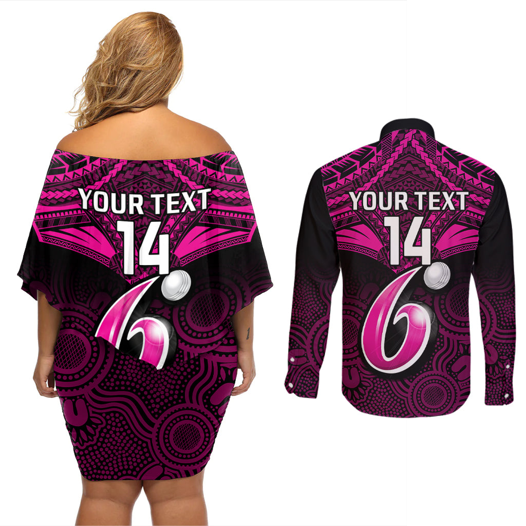 custom-sydney-sixers-cricket-couples-matching-off-shoulder-short-dress-and-long-sleeve-button-shirts-2023-unique-indigenous-art-mix-polynesian-pattern