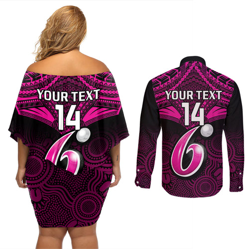custom-sydney-sixers-cricket-couples-matching-off-shoulder-short-dress-and-long-sleeve-button-shirts-2023-unique-indigenous-art-mix-polynesian-pattern