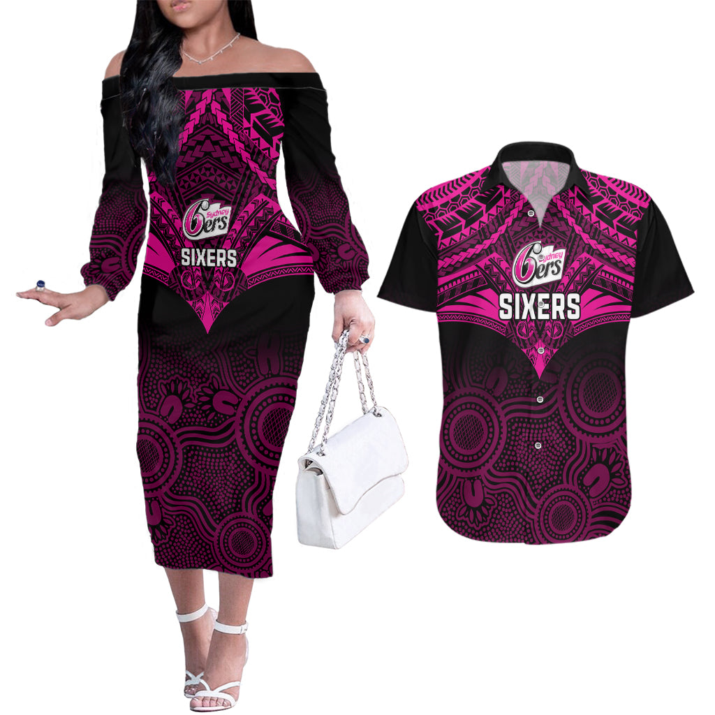 custom-sydney-sixers-cricket-couples-matching-off-the-shoulder-long-sleeve-dress-and-hawaiian-shirt-2023-unique-indigenous-art-mix-polynesian-pattern