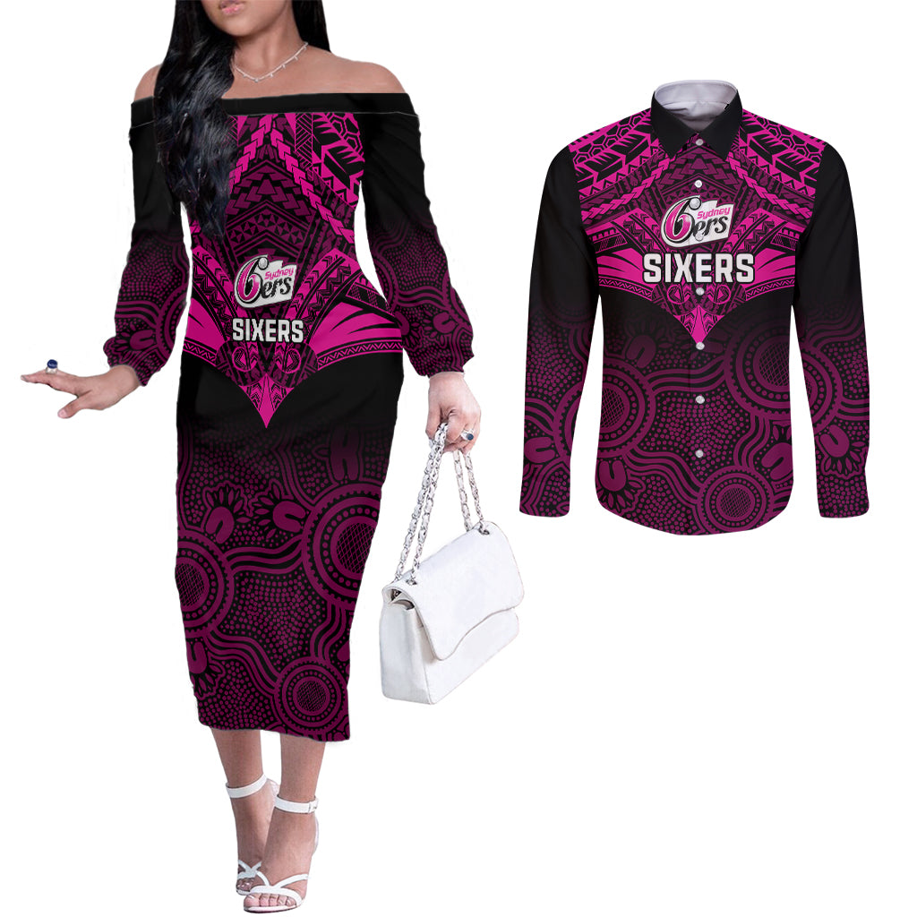 custom-sydney-sixers-cricket-couples-matching-off-the-shoulder-long-sleeve-dress-and-long-sleeve-button-shirts-2023-unique-indigenous-art-mix-polynesian-pattern