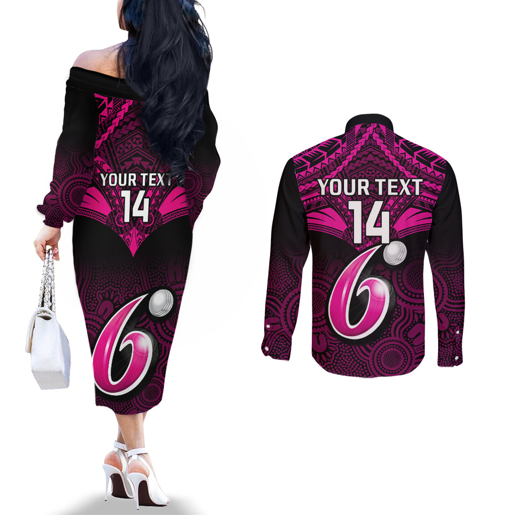 custom-sydney-sixers-cricket-couples-matching-off-the-shoulder-long-sleeve-dress-and-long-sleeve-button-shirts-2023-unique-indigenous-art-mix-polynesian-pattern