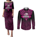 custom-sydney-sixers-cricket-couples-matching-puletasi-dress-and-long-sleeve-button-shirts-2023-unique-indigenous-art-mix-polynesian-pattern