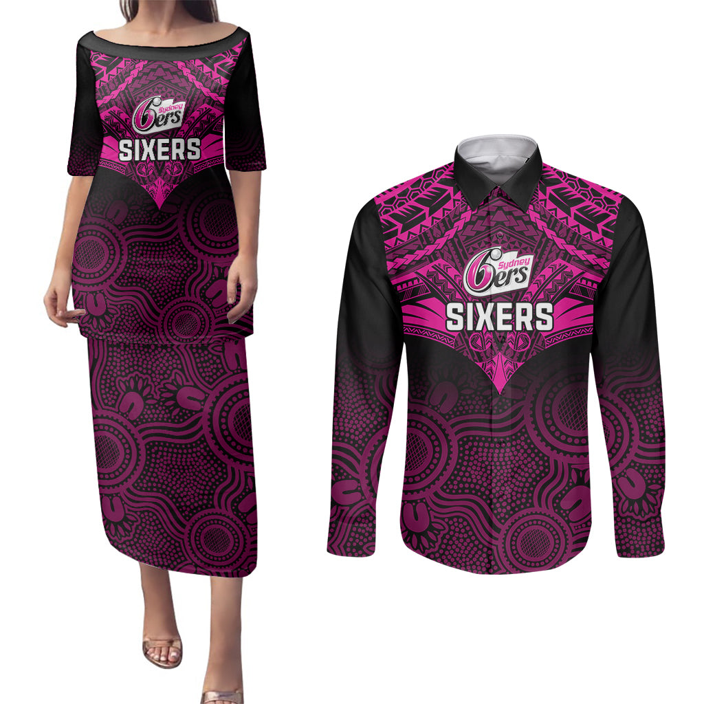 custom-sydney-sixers-cricket-couples-matching-puletasi-dress-and-long-sleeve-button-shirts-2023-unique-indigenous-art-mix-polynesian-pattern