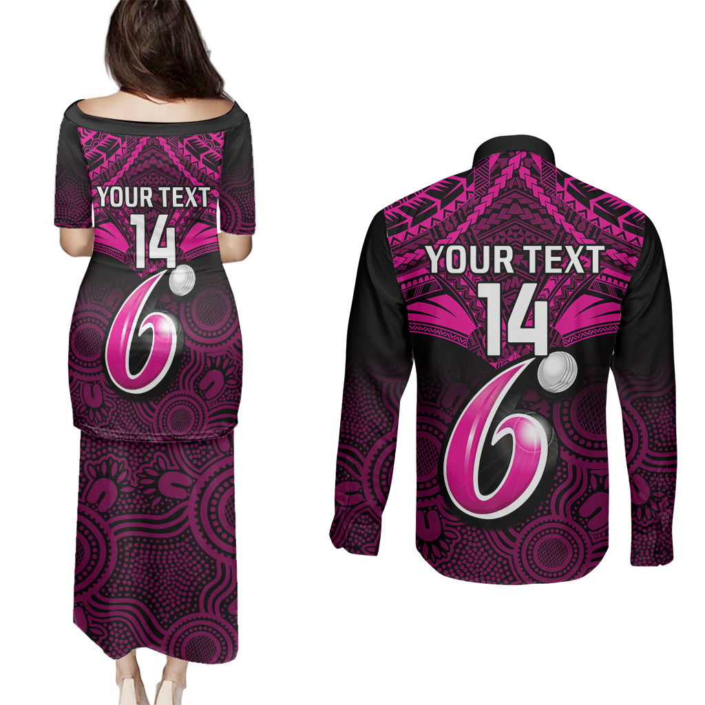 custom-sydney-sixers-cricket-couples-matching-puletasi-dress-and-long-sleeve-button-shirts-2023-unique-indigenous-art-mix-polynesian-pattern