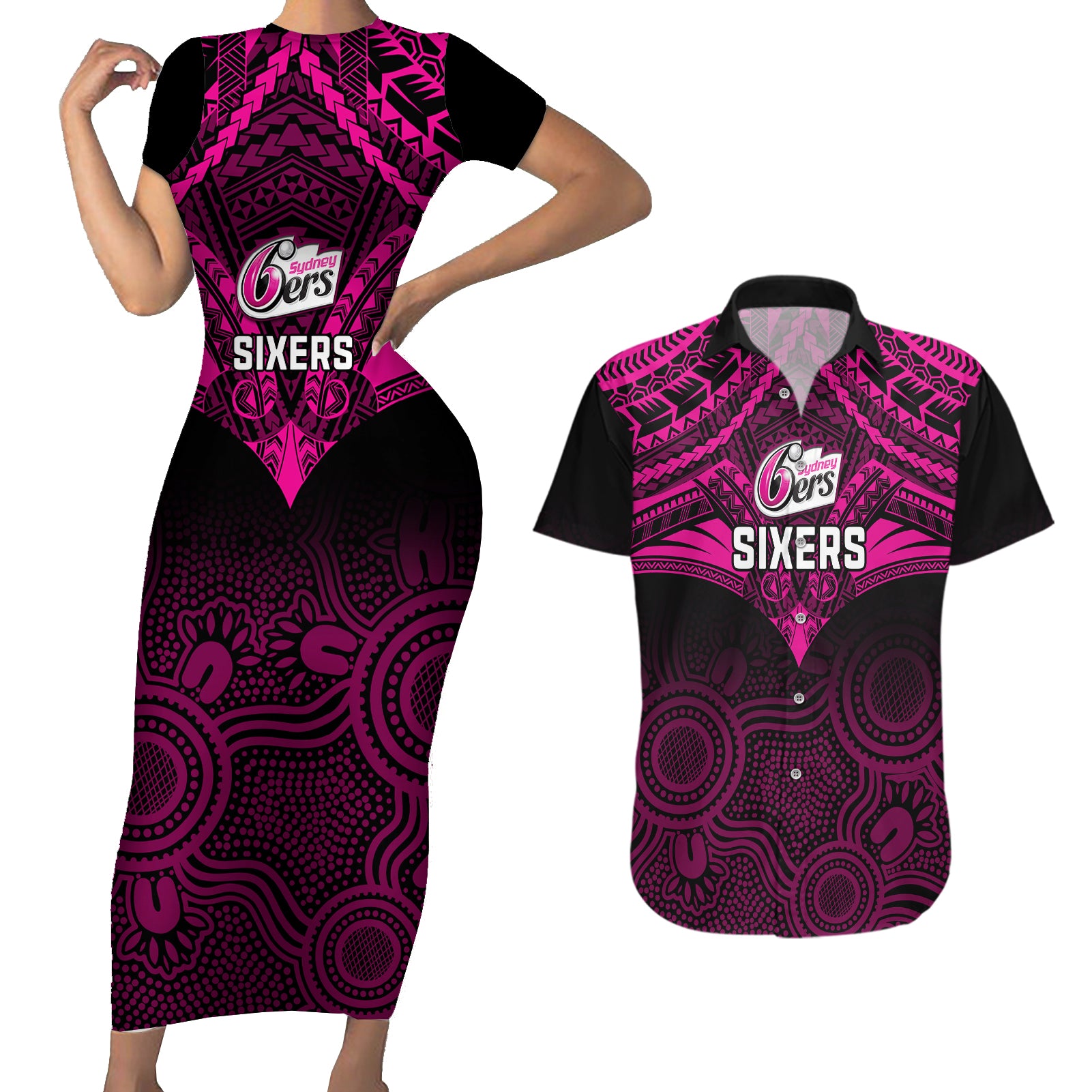 custom-sydney-sixers-cricket-couples-matching-short-sleeve-bodycon-dress-and-hawaiian-shirt-2023-unique-indigenous-art-mix-polynesian-pattern
