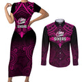custom-sydney-sixers-cricket-couples-matching-short-sleeve-bodycon-dress-and-long-sleeve-button-shirts-2023-unique-indigenous-art-mix-polynesian-pattern