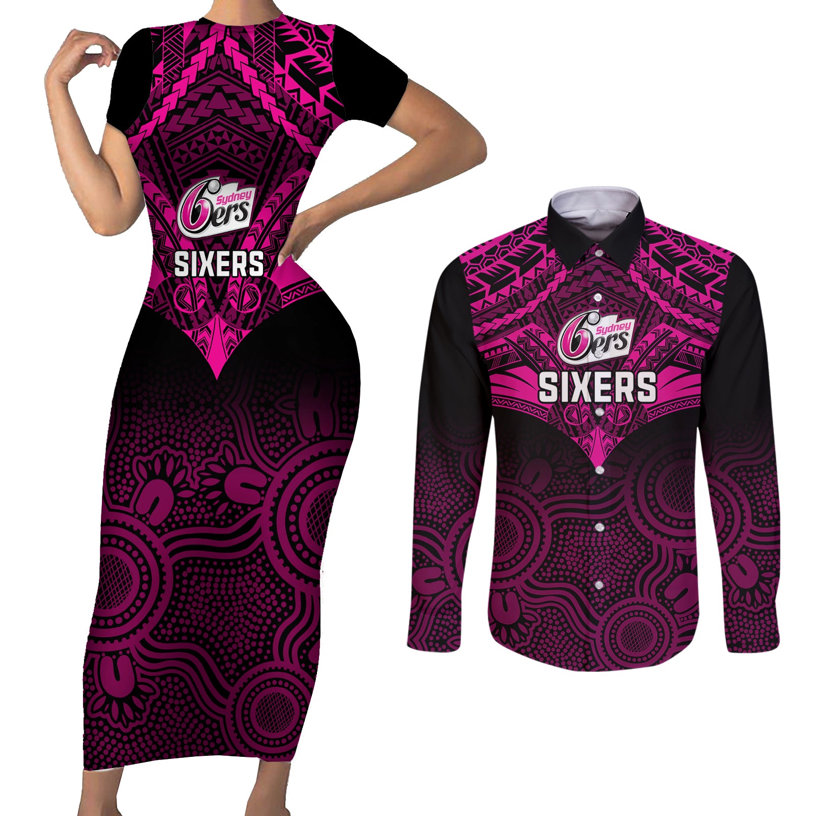 custom-sydney-sixers-cricket-couples-matching-short-sleeve-bodycon-dress-and-long-sleeve-button-shirts-2023-unique-indigenous-art-mix-polynesian-pattern