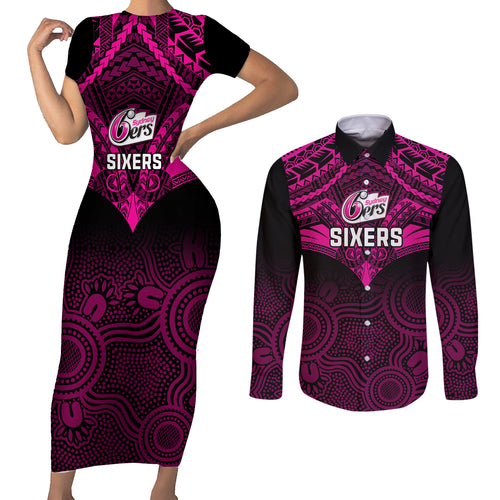 custom-sydney-sixers-cricket-couples-matching-short-sleeve-bodycon-dress-and-long-sleeve-button-shirts-2023-unique-indigenous-art-mix-polynesian-pattern