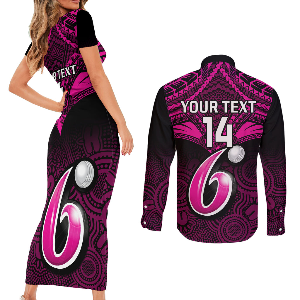 custom-sydney-sixers-cricket-couples-matching-short-sleeve-bodycon-dress-and-long-sleeve-button-shirts-2023-unique-indigenous-art-mix-polynesian-pattern