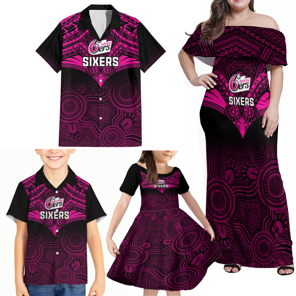 custom-sydney-sixers-cricket-family-matching-off-shoulder-maxi-dress-and-hawaiian-shirt-2023-unique-indigenous-art-mix-polynesian-pattern