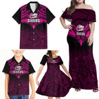 custom-sydney-sixers-cricket-family-matching-off-shoulder-maxi-dress-and-hawaiian-shirt-2023-unique-indigenous-art-mix-polynesian-pattern