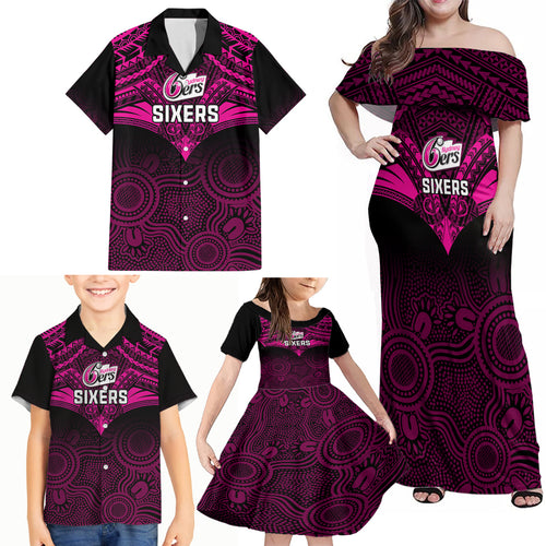custom-sydney-sixers-cricket-family-matching-off-shoulder-maxi-dress-and-hawaiian-shirt-2023-unique-indigenous-art-mix-polynesian-pattern