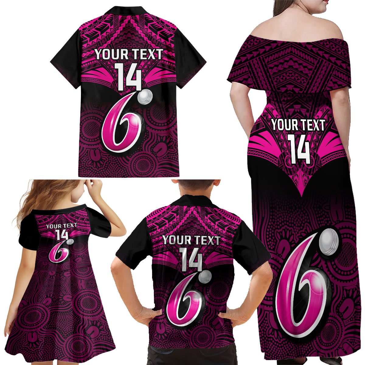 custom-sydney-sixers-cricket-family-matching-off-shoulder-maxi-dress-and-hawaiian-shirt-2023-unique-indigenous-art-mix-polynesian-pattern