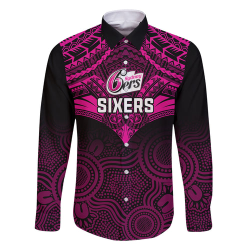 custom-sydney-sixers-cricket-family-matching-off-shoulder-maxi-dress-and-hawaiian-shirt-2023-unique-indigenous-art-mix-polynesian-pattern