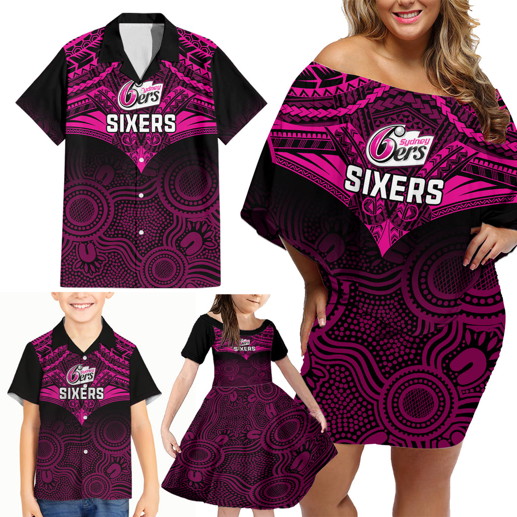 Custom Sydney Sixers Cricket Family Matching Off Shoulder Short Dress and Hawaiian Shirt 2023 Unique Indigenous Art Mix Polynesian Pattern LT14