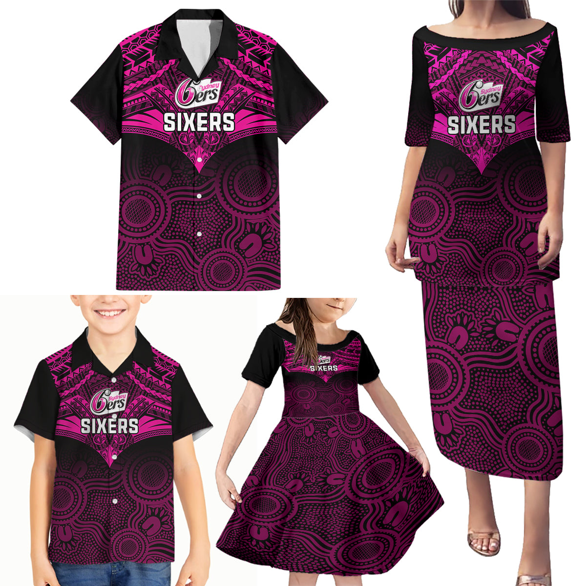 custom-sydney-sixers-cricket-family-matching-puletasi-dress-and-hawaiian-shirt-2023-unique-indigenous-art-mix-polynesian-pattern