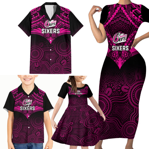 custom-sydney-sixers-cricket-family-matching-short-sleeve-bodycon-dress-and-hawaiian-shirt-2023-unique-indigenous-art-mix-polynesian-pattern