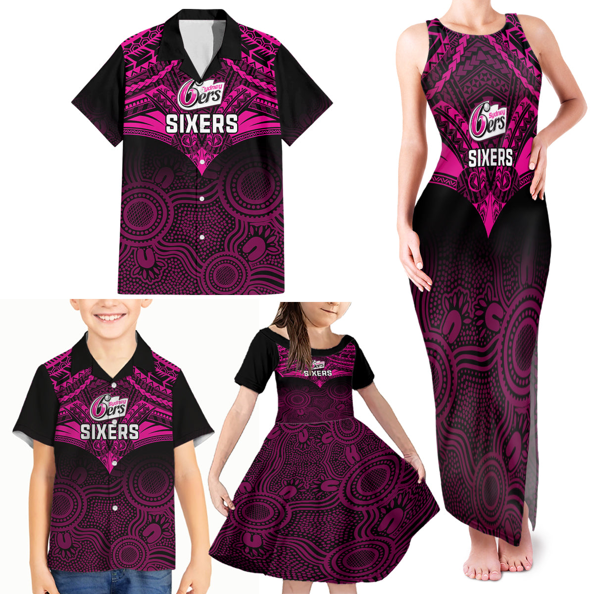 custom-sydney-sixers-cricket-family-matching-tank-maxi-dress-and-hawaiian-shirt-2023-unique-indigenous-art-mix-polynesian-pattern
