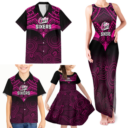 custom-sydney-sixers-cricket-family-matching-tank-maxi-dress-and-hawaiian-shirt-2023-unique-indigenous-art-mix-polynesian-pattern