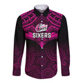custom-sydney-sixers-cricket-long-sleeve-button-shirt-2023-unique-indigenous-art-mix-polynesian-pattern